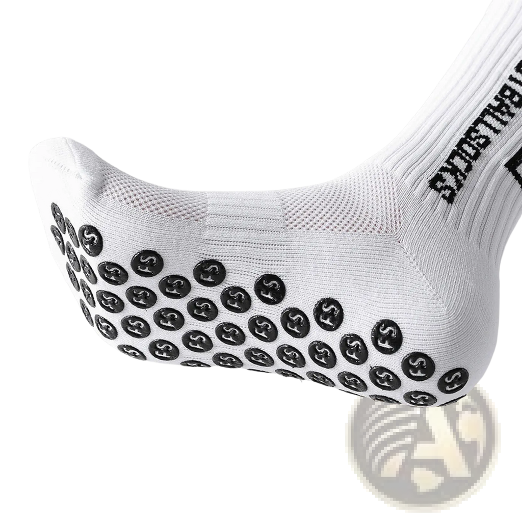 White anti-slip football grip sock for men with black sole dots and balistik branding on the side