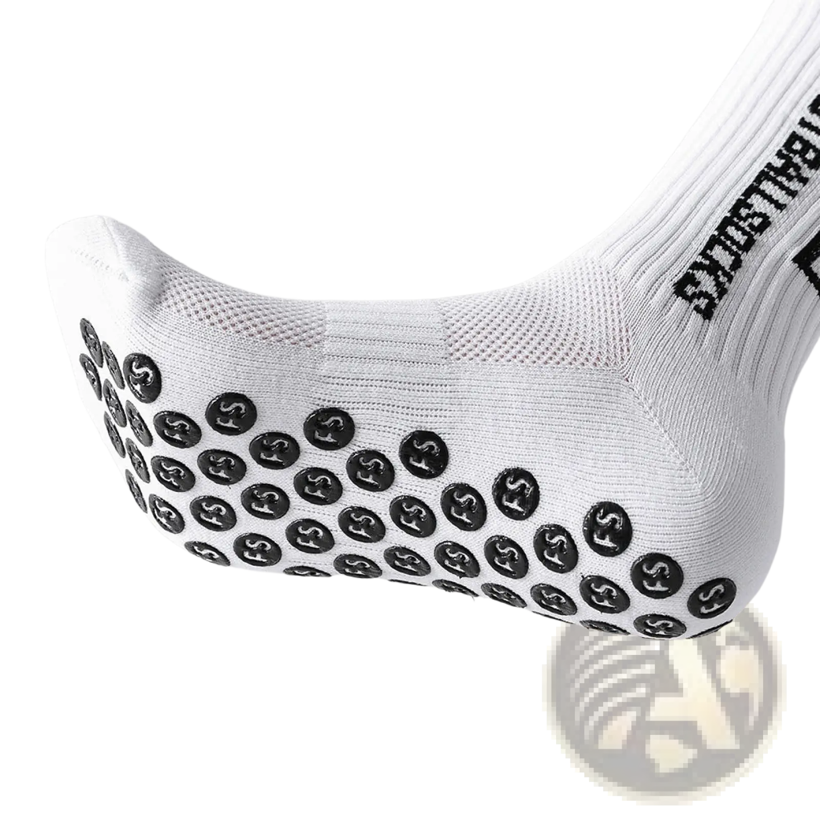 White anti-slip football grip sock for men with black sole dots and balistik branding on the side