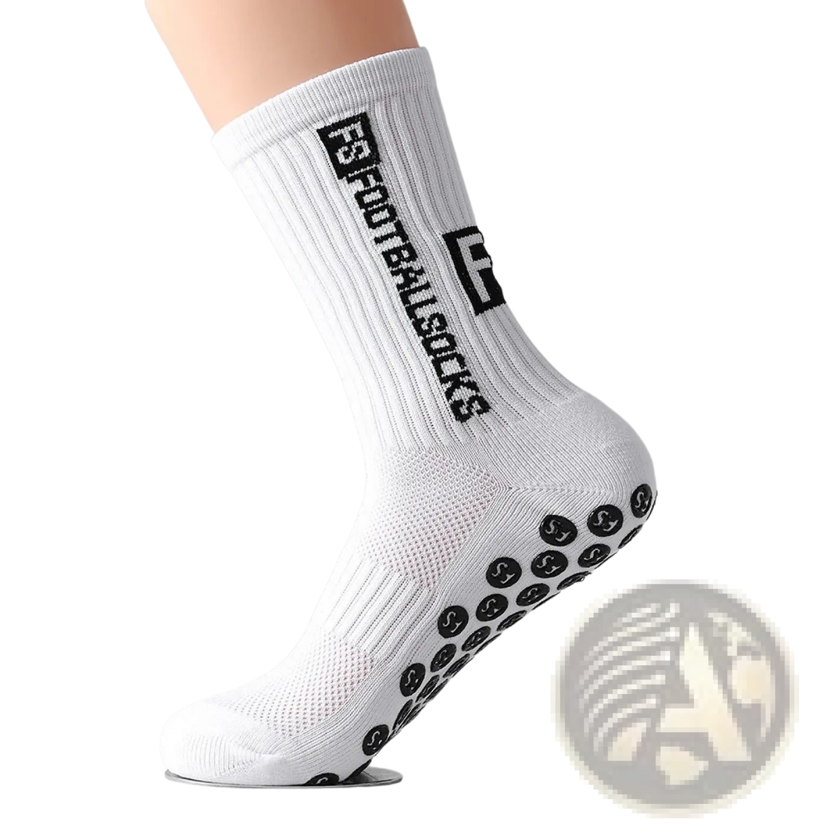 White ribbed anti-slip football grip sock for men with black fb football socks logo and textured sole grip pattern