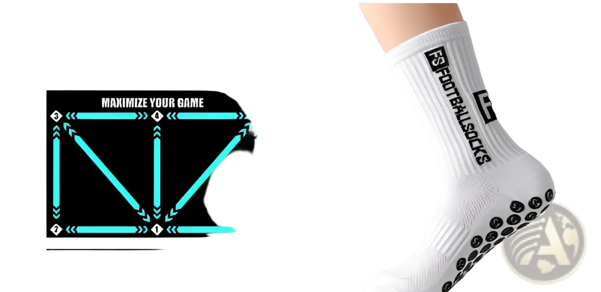 White anti-slip football grip sock for men with black text and grip dots on the sole shown from the back side