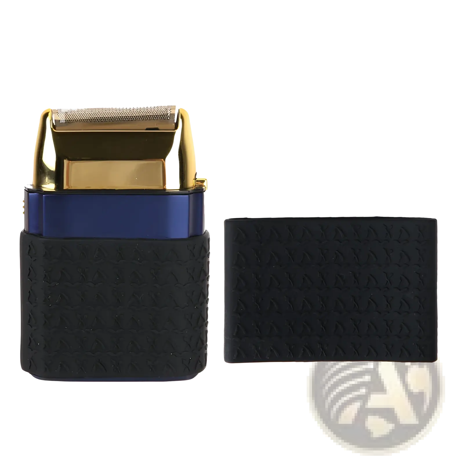 Gold and blue electric shaver with anti-slip black silicone hair clipper grip ring for secure handling