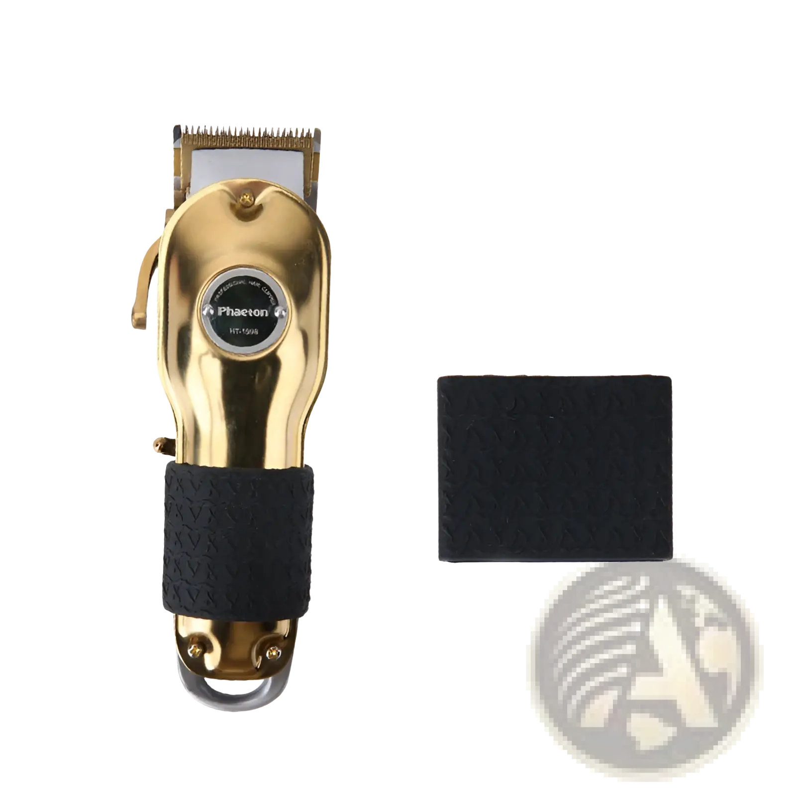 Gold-colored phaeton ht-1983 electric hair clipper with black textured anti-slip silicone grip ring and protective pad