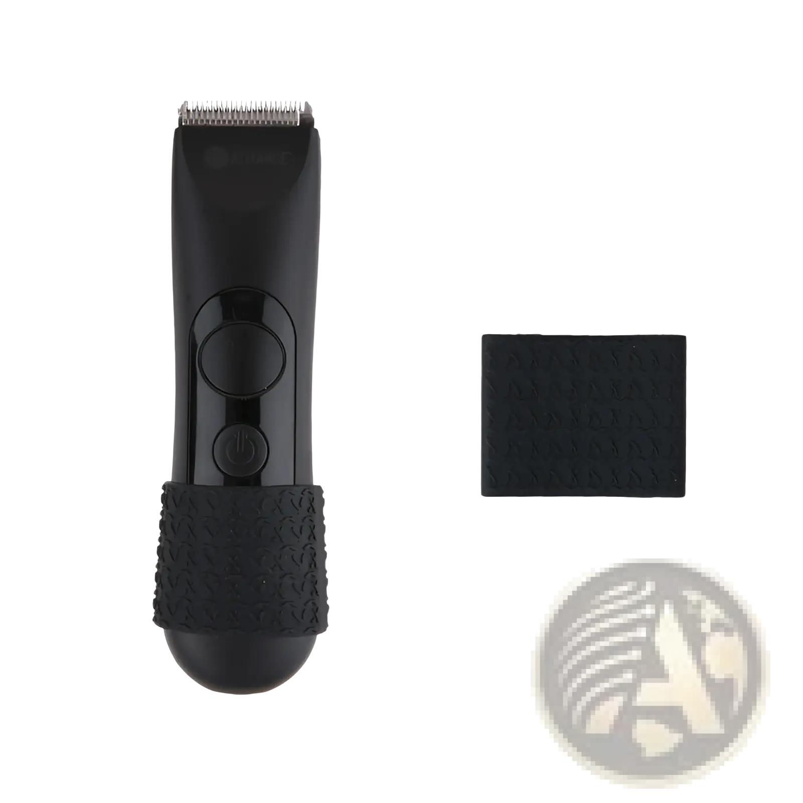 Black electric hair clipper with anti-slip silicone grip ring textured handle and metallic cutting blade