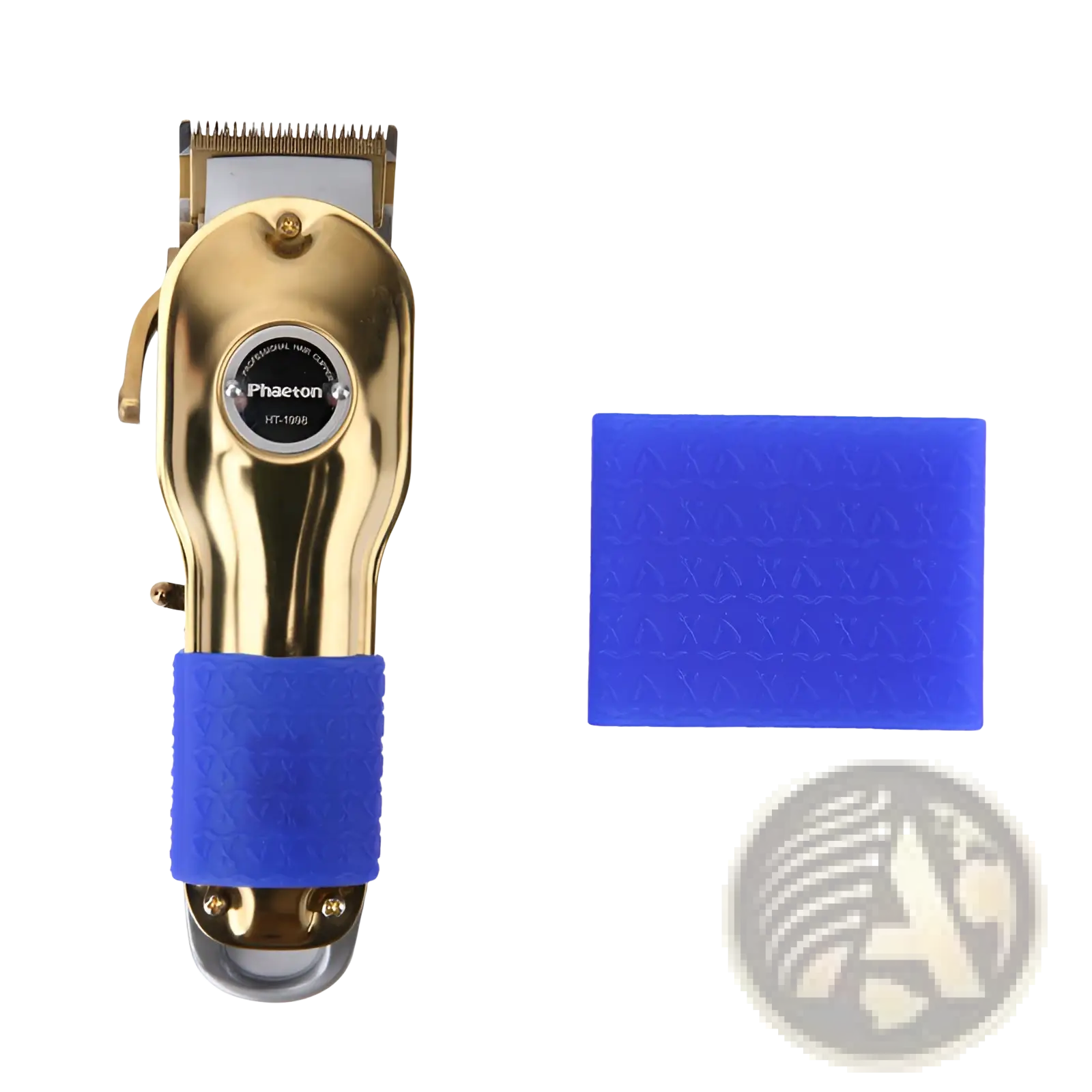 Gold-colored electric hair clipper with anti-slip blue silicone grip ring and phaeton brand on circular dial
