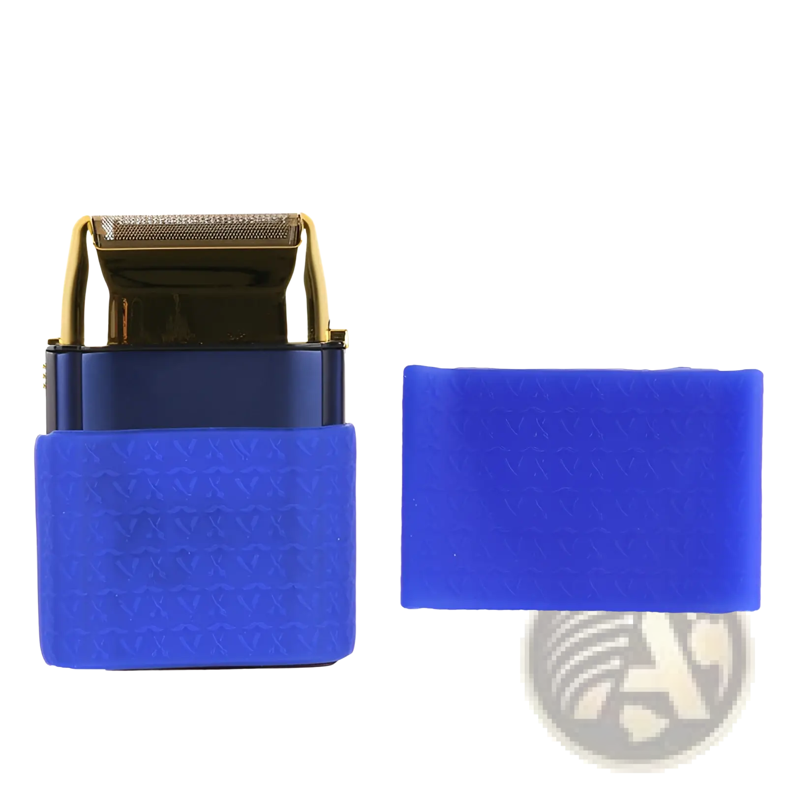 Blue silicone anti-slip hair clipper grip ring with textured pattern for gold and dark blue electric shaver
