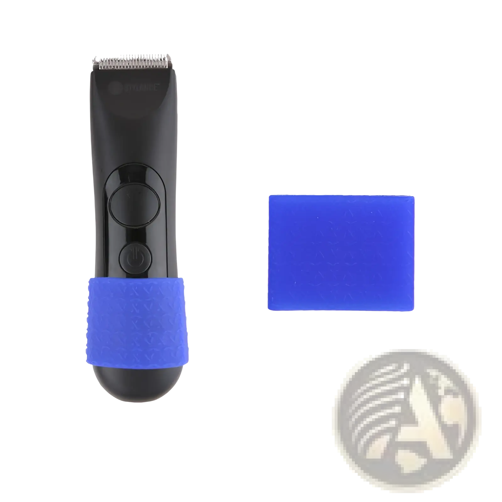 Black electric hair clipper with anti-slip blue silicone grip ring and matching blue silicone cleaning pad