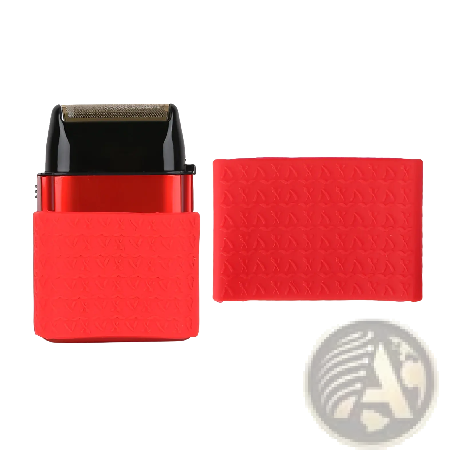 Red silicone anti-slip protective sleeve with textured pattern for grip on a red and black electric hair clipper