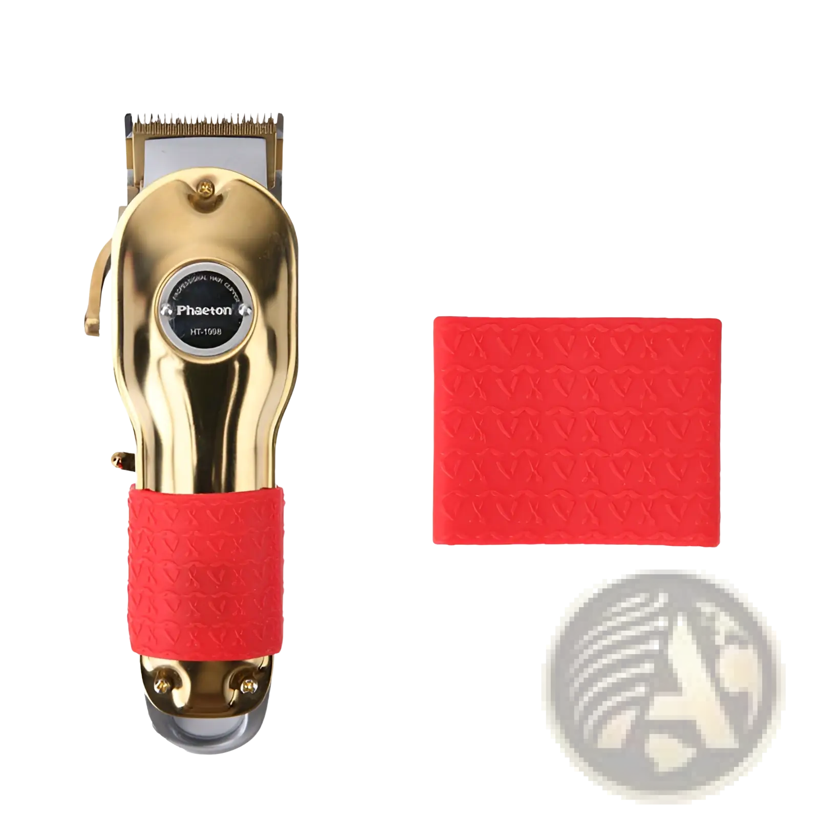 Gold electric hair clipper with anti-slip red silicone grip ring and matching protective pad for secure handling