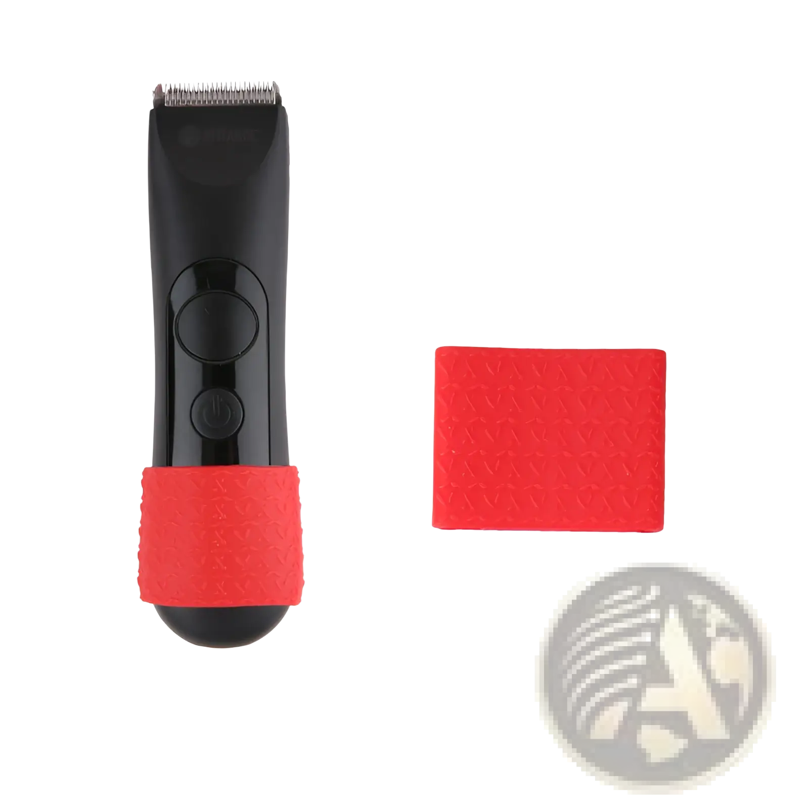 Black and red electric hair trimmer with anti-slip silicone grip ring and textured handle for secure clipping