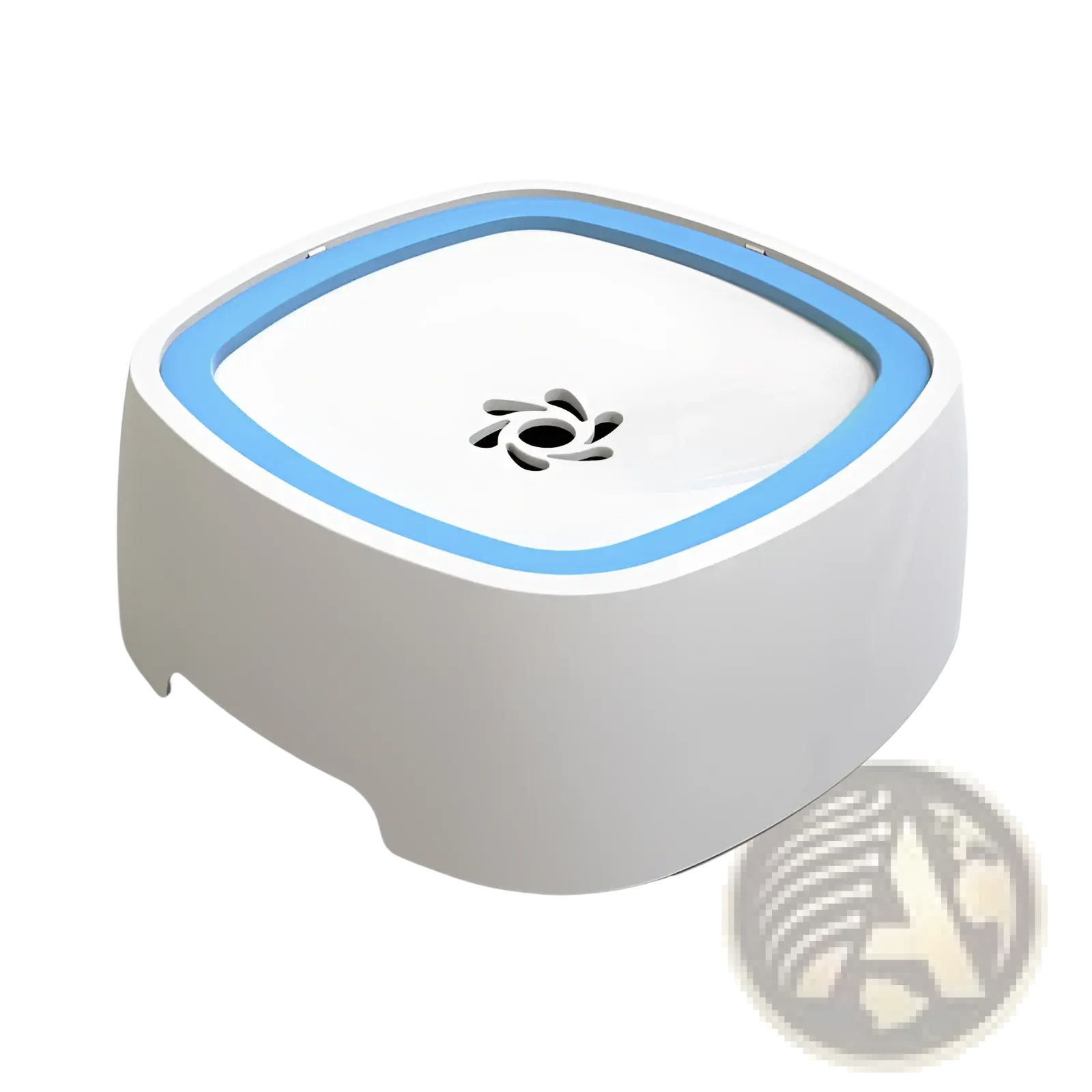 White and light blue square pet water fountain with anti splash feature and 1.5 liter capacity for pets