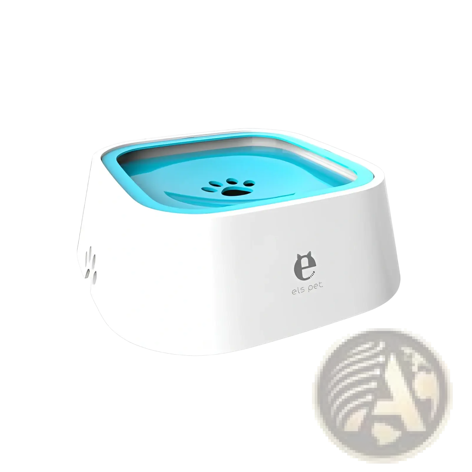 White and blue anti-splash pet water fountain with paw print lid and 1.5 liter capacity for pets