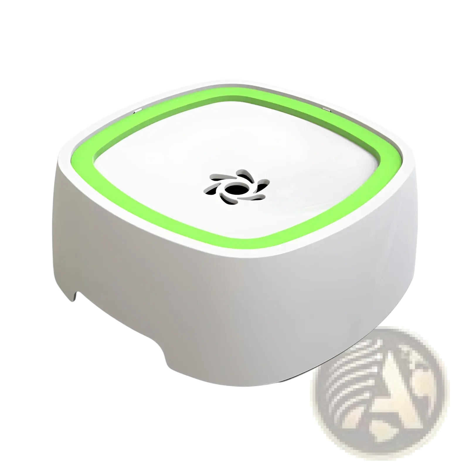 White and lime green anti-splash pet floating water bowl with 1.5l capacity and sleek modern square design