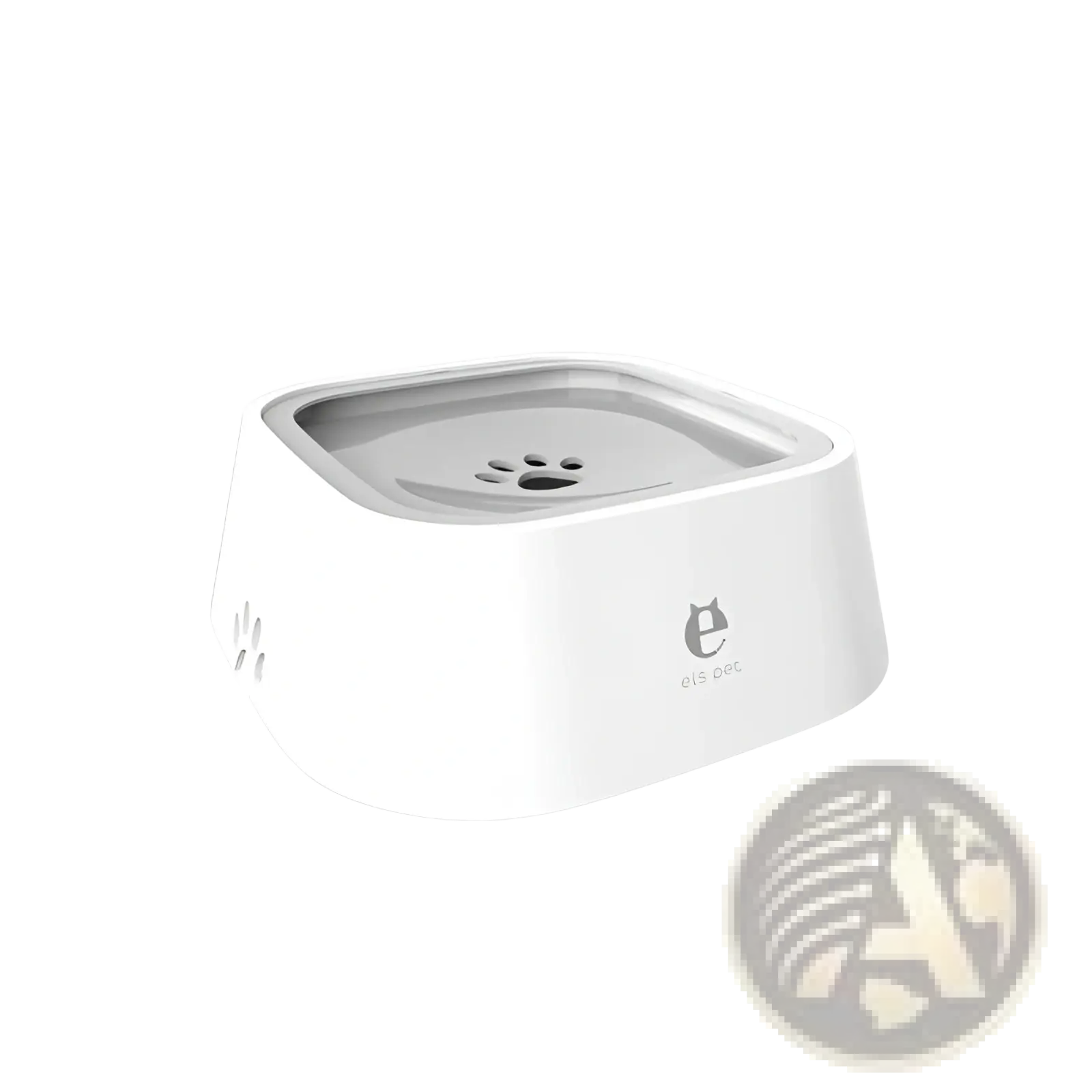 White plastic anti splash pet water fountain with gray paw print top and eis pet logo 1.5l capacity