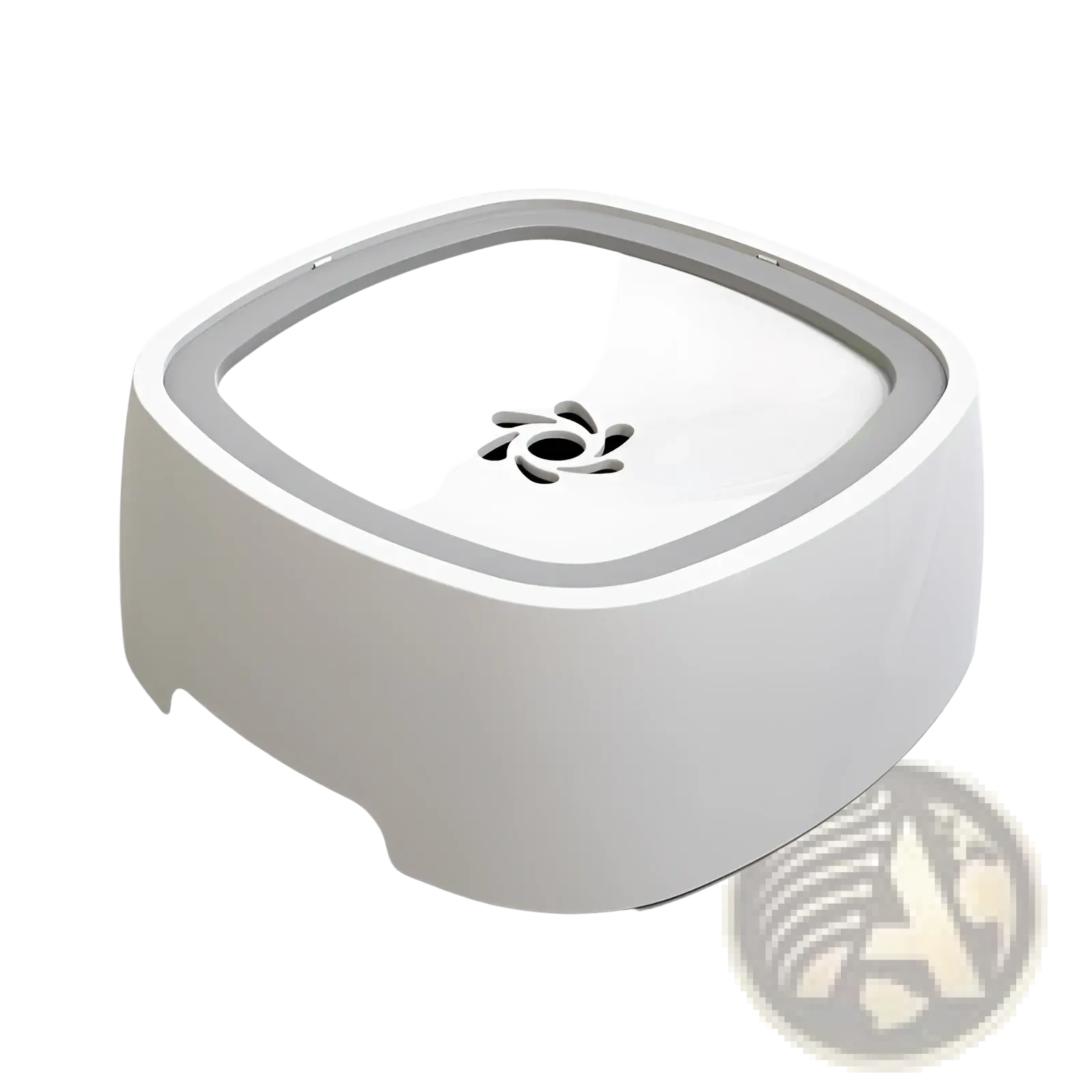 White and gray square-shaped anti-splash pet floating water bowl with central circular opening and 1.5l capacity