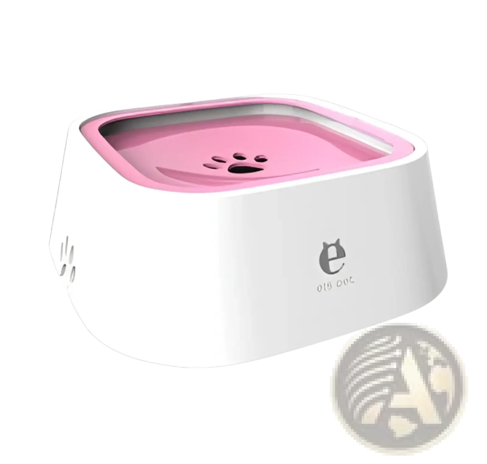 Pink and white anti-splash pet floating water bowl with 1.5l capacity and paw print design on the lid
