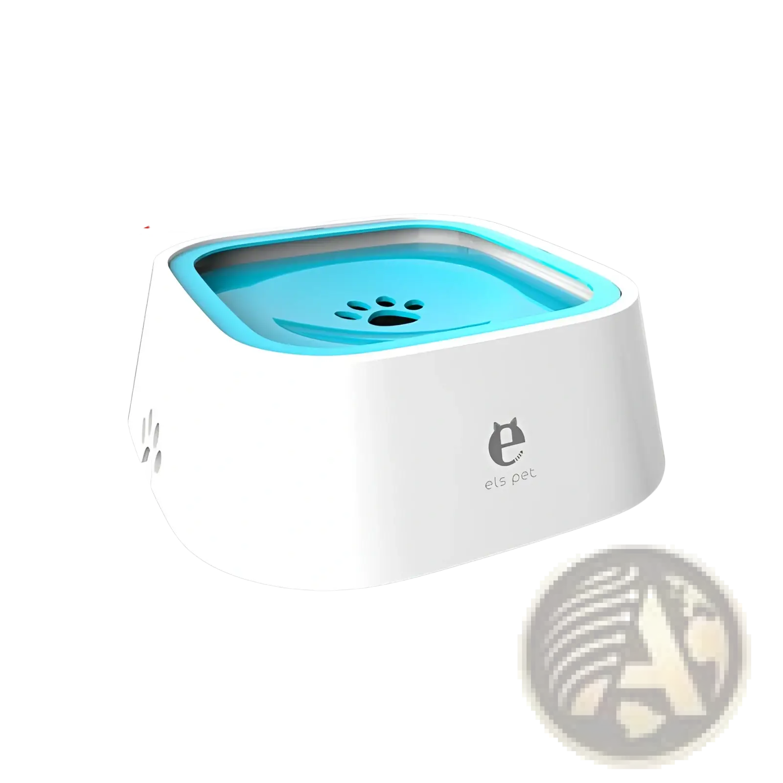 Anti-splash pet floating water bowl 1.5l capacity in white and light blue with paw print design inside
