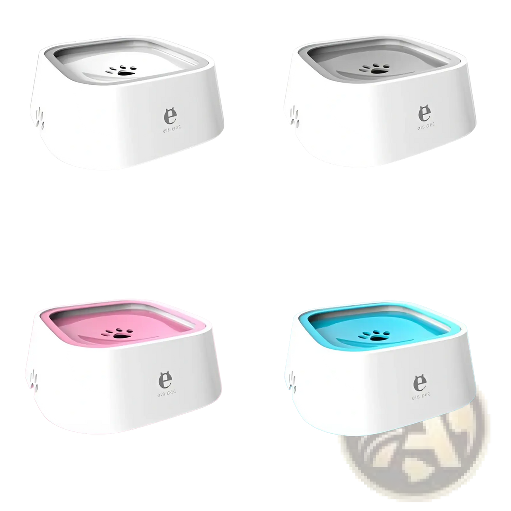 Anti-splash pet floating water bowls in white gray pink and blue with stainless steel interiors and paw print designs