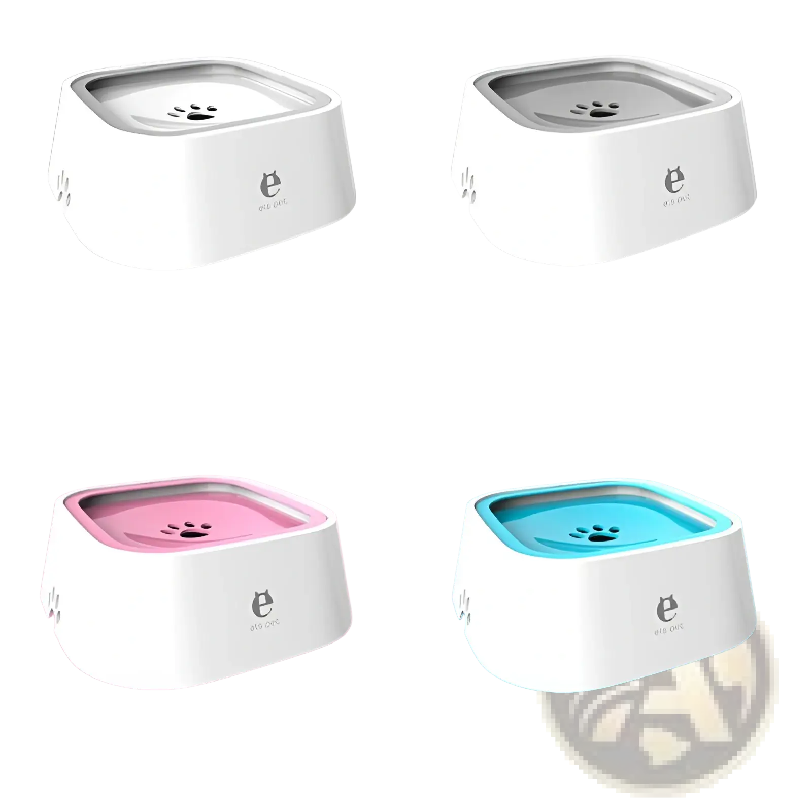 Anti-splash pet floating water bowls in white gray pink and blue with stainless steel interiors and paw print designs