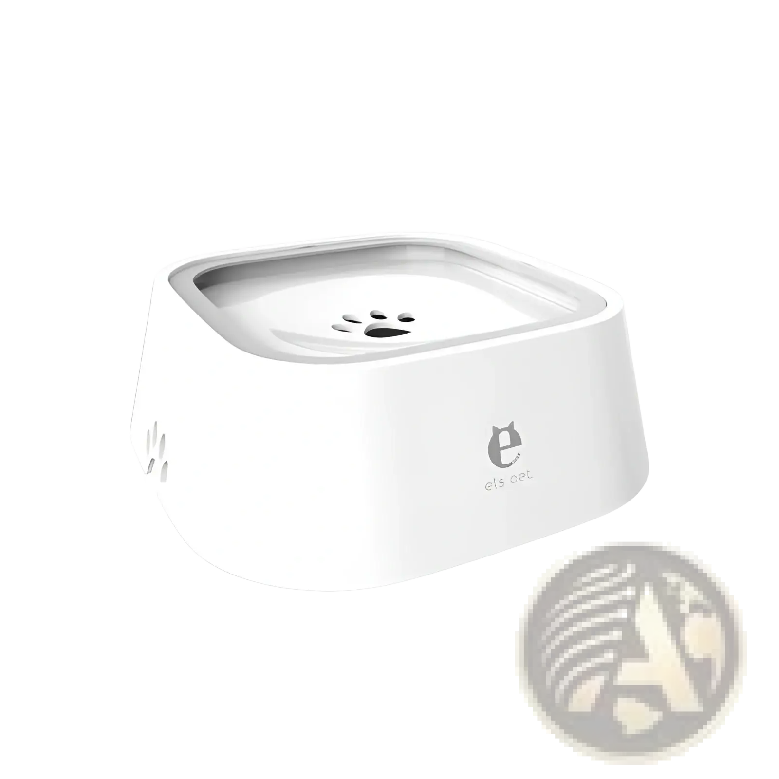 White plastic anti-splash pet floating water bowl 1.5l capacity with paw print design on rim and side