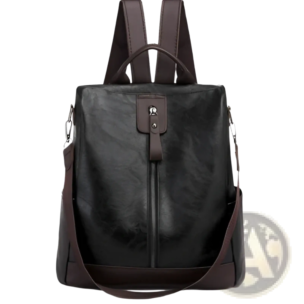 Black leather anti-theft backpack with brown accents and front zipper closure for urban travel use