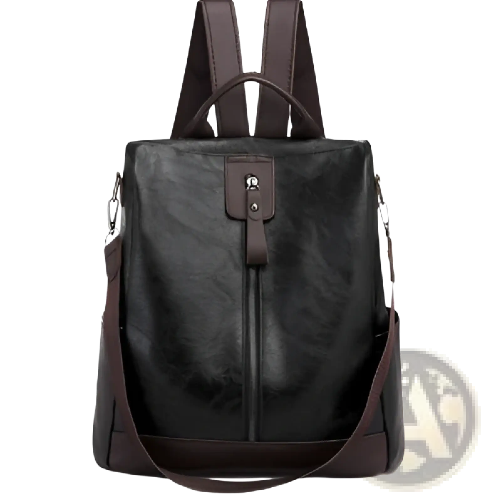 Black leather anti-theft backpack with brown accents and front zipper closure for urban travel use