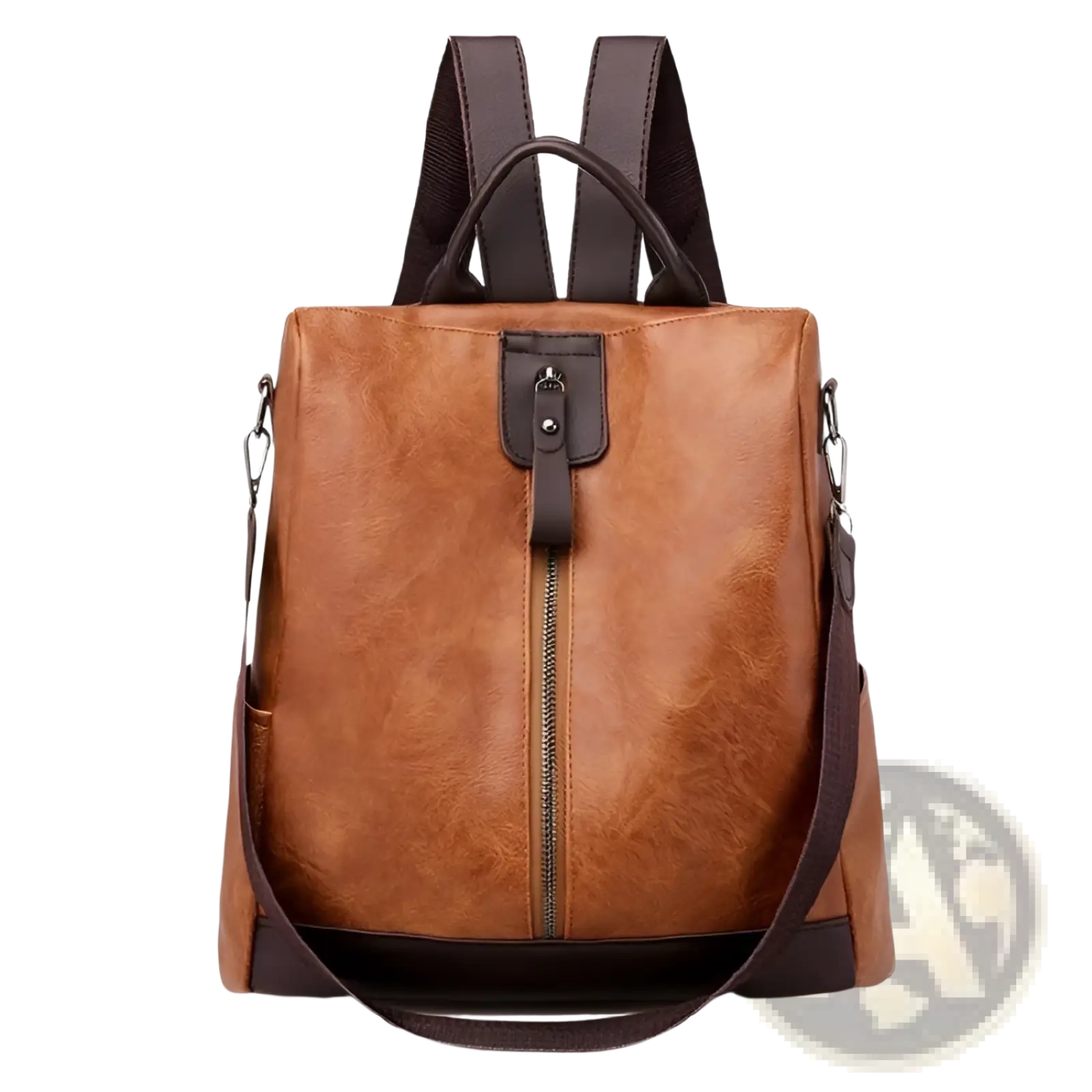 Brown leather anti-theft backpack with dark brown straps and front zipper closure for urban travel use