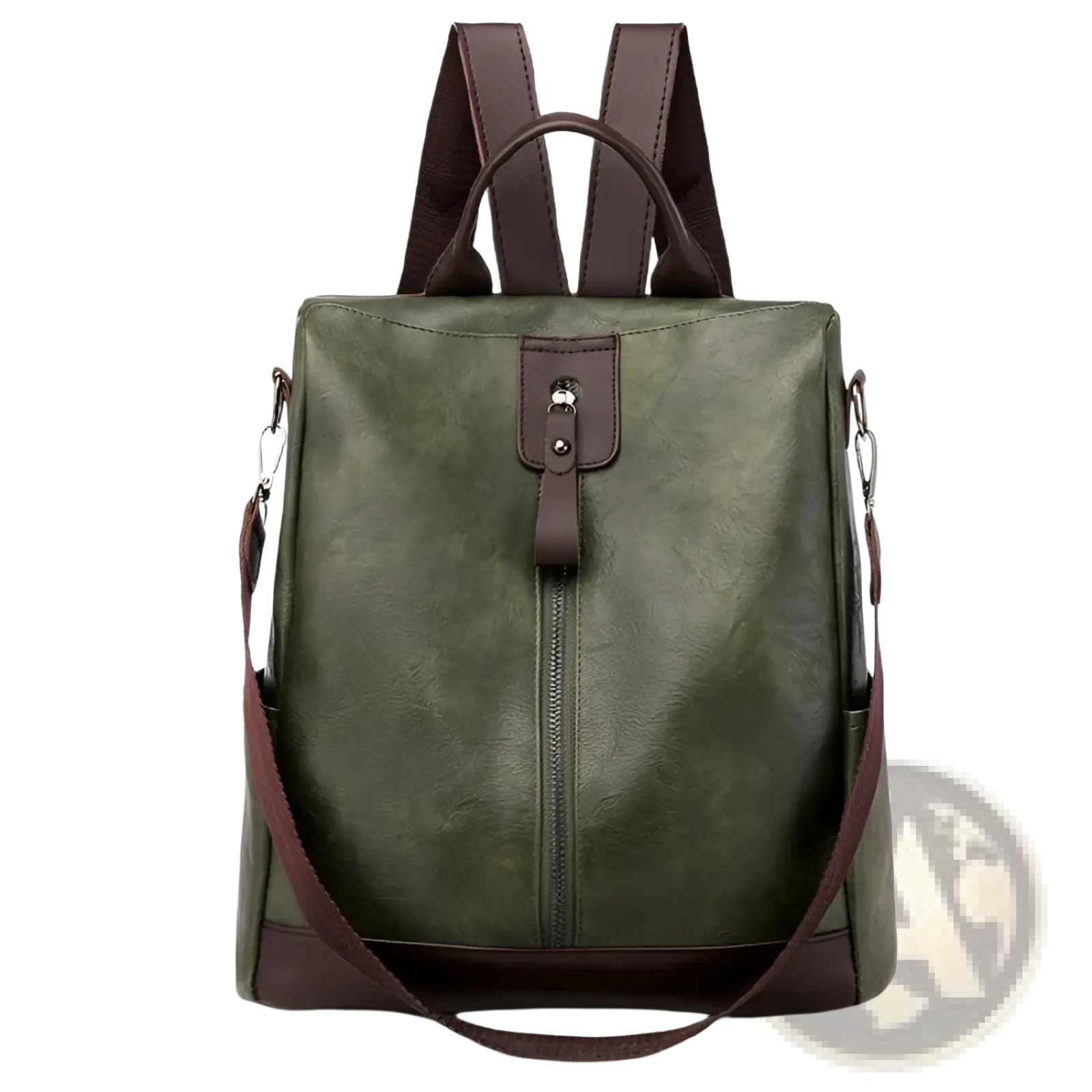 Olive green faux leather anti-theft backpack with brown straps and front zipper closure for urban travel use
