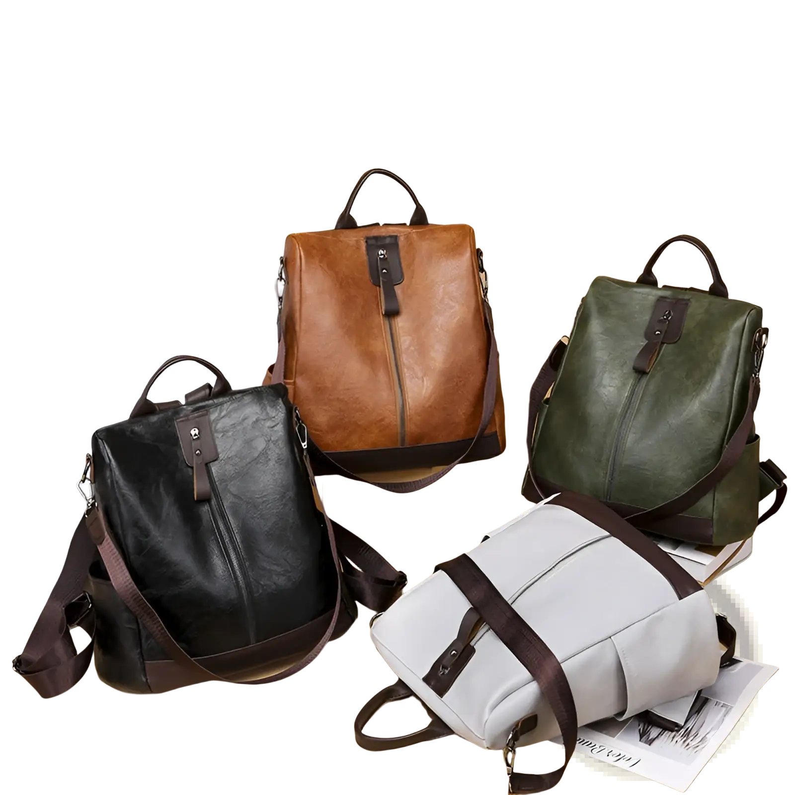 Four anti-theft leather backpacks in black brown olive green and light gray with dark brown straps for urban travel