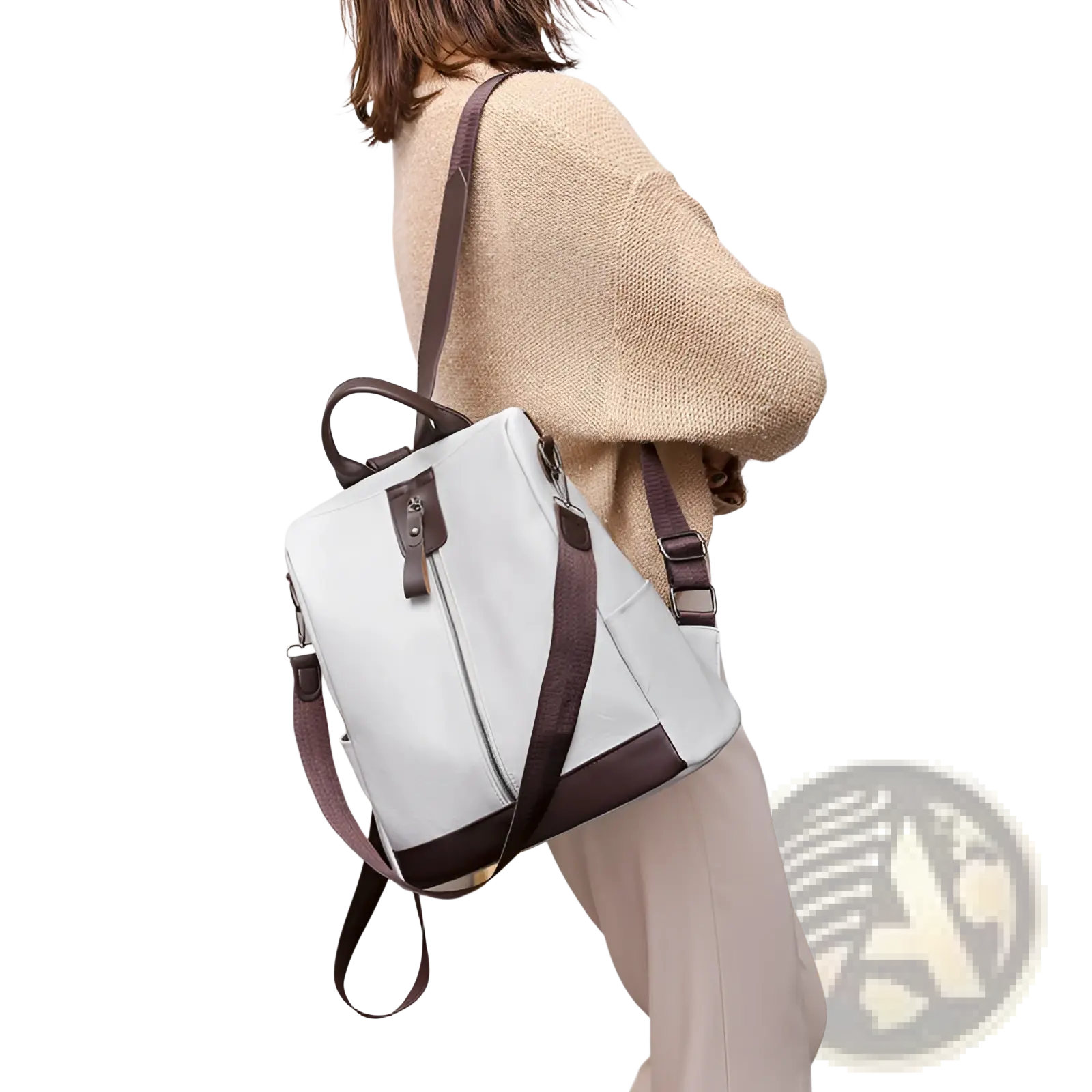 A sleek white and brown leather anti-theft backpack with adjustable straps for urban travel