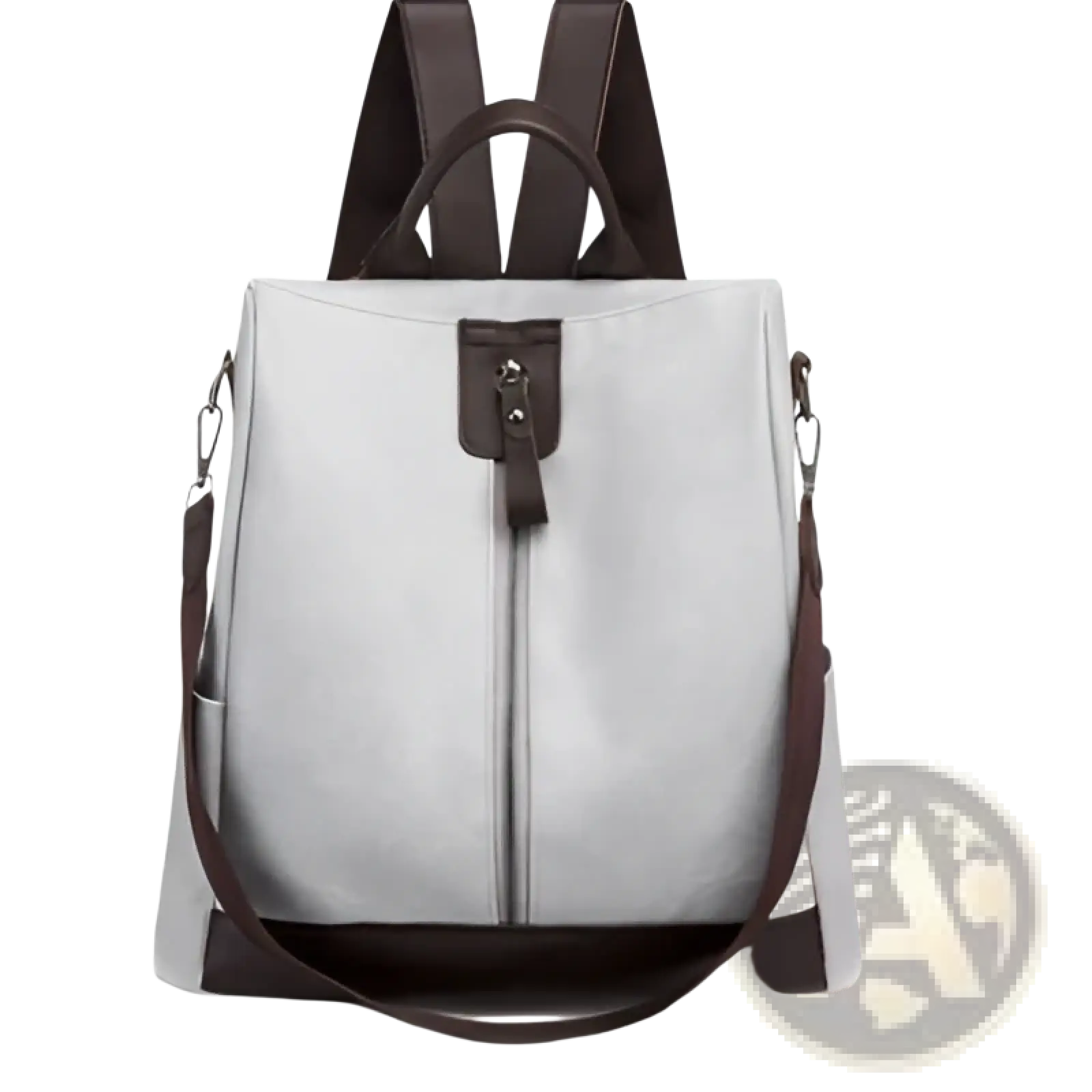 Light gray anti-theft leather backpack with dark brown straps and front zipper closure for urban travel use