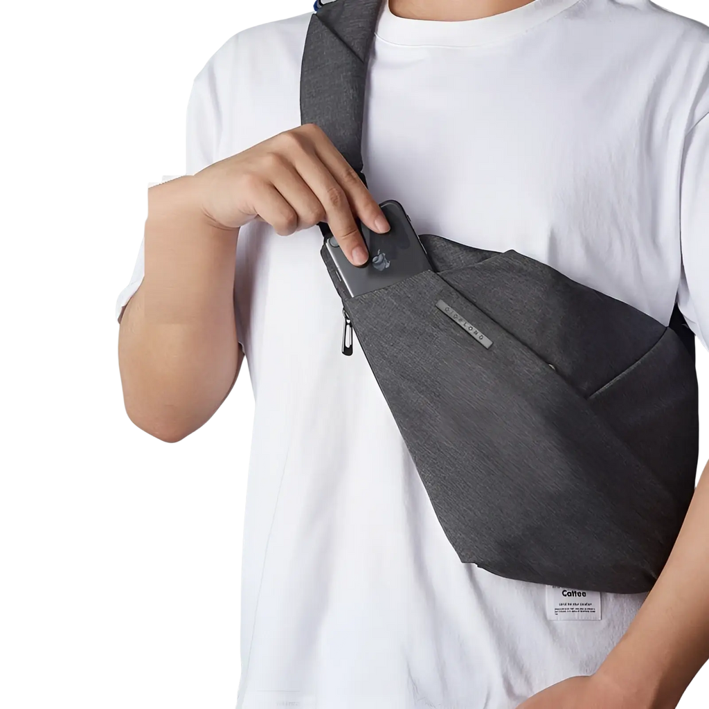 Gray textured fabric anti-theft minimalist crossbody business chest bag with sleek design and subtle branding