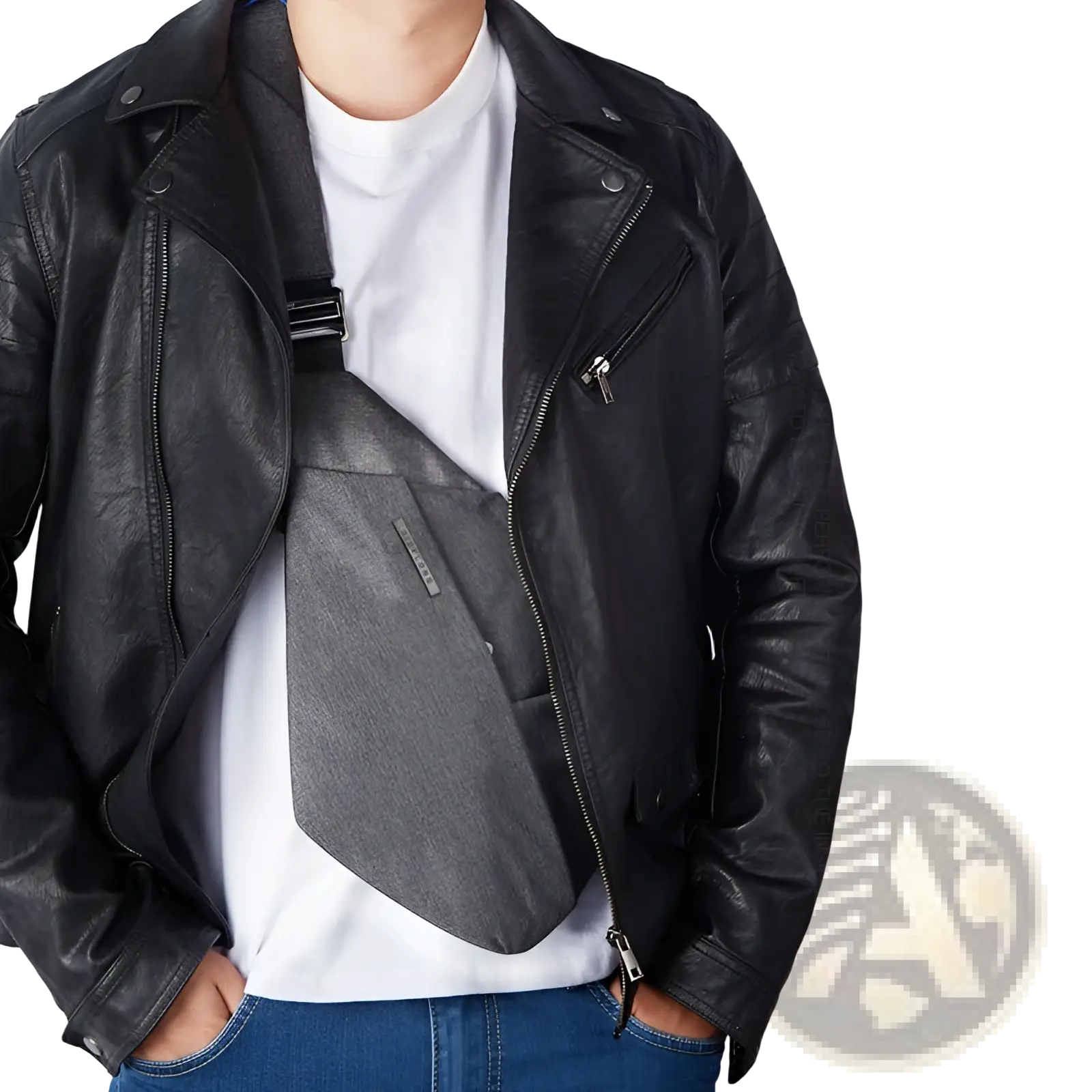 Black leather anti-theft minimalist crossbody business chest bag with sleek design and multiple secure zippers