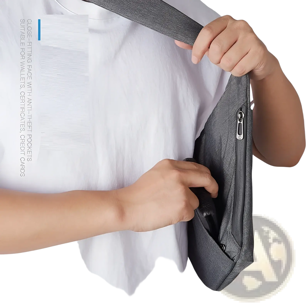 Gray textured fabric anti-theft minimalist crossbody business chest bag with zipper closure and adjustable strap