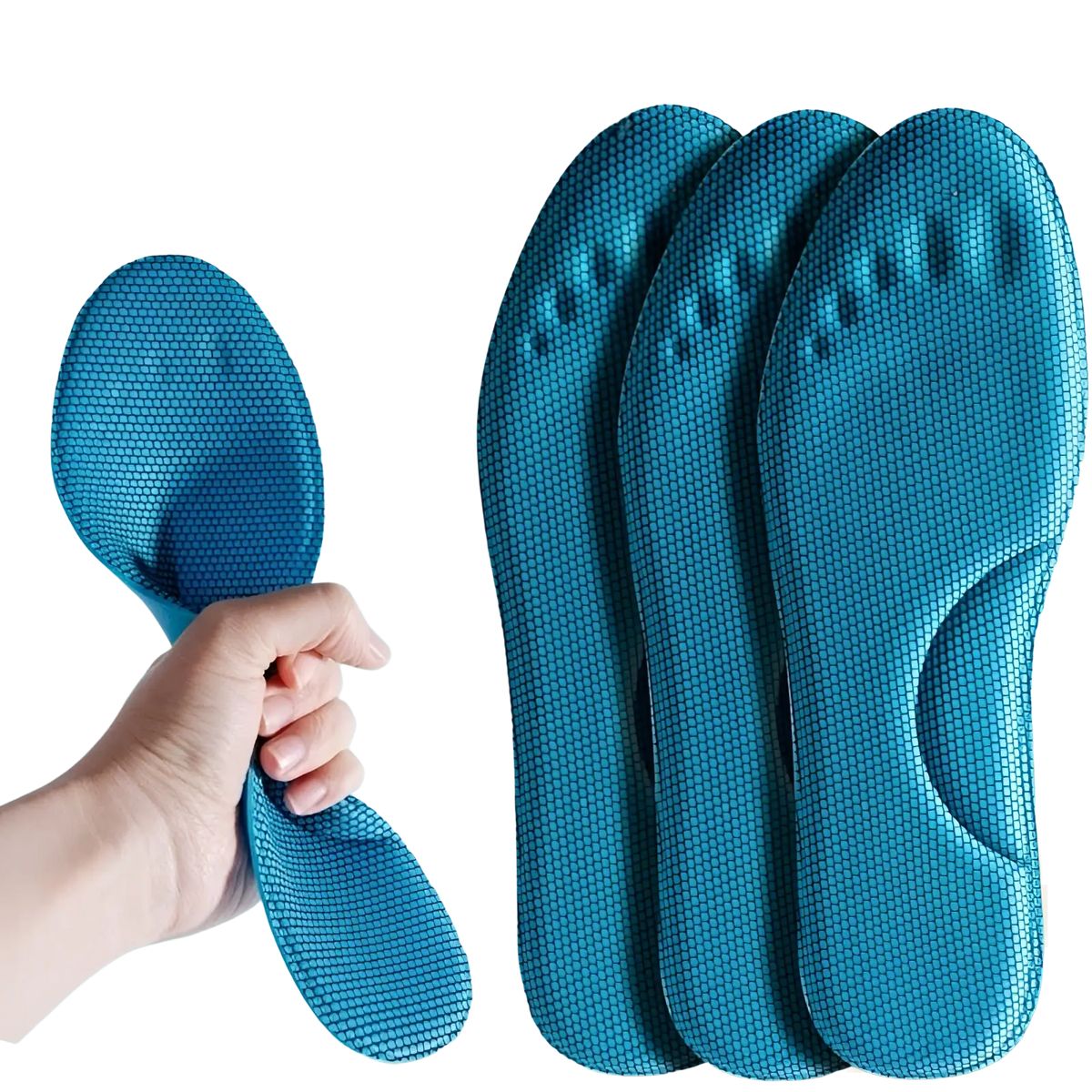 Blue antibacterial massage insole with textured honeycomb surface and molded arch support for shock absorption