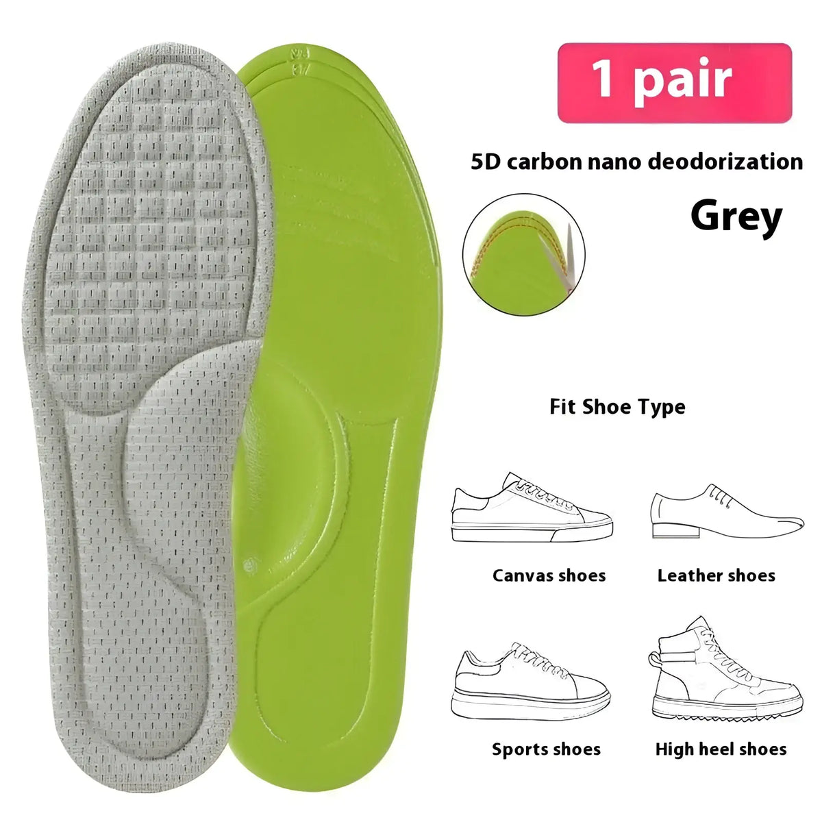 Grey and lime green 5d carbon nano antibacterial massage insoles with deodorization for arch support in various shoes