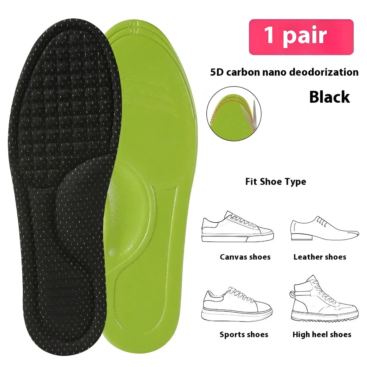 Black and lime green 5d carbon nano antibacterial massage insoles with shock absorbing arch support pair