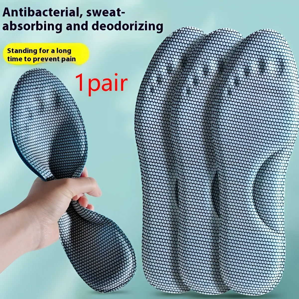 Blue and white patterned antibacterial massage insoles with shock absorbing arch support for long standing comfort