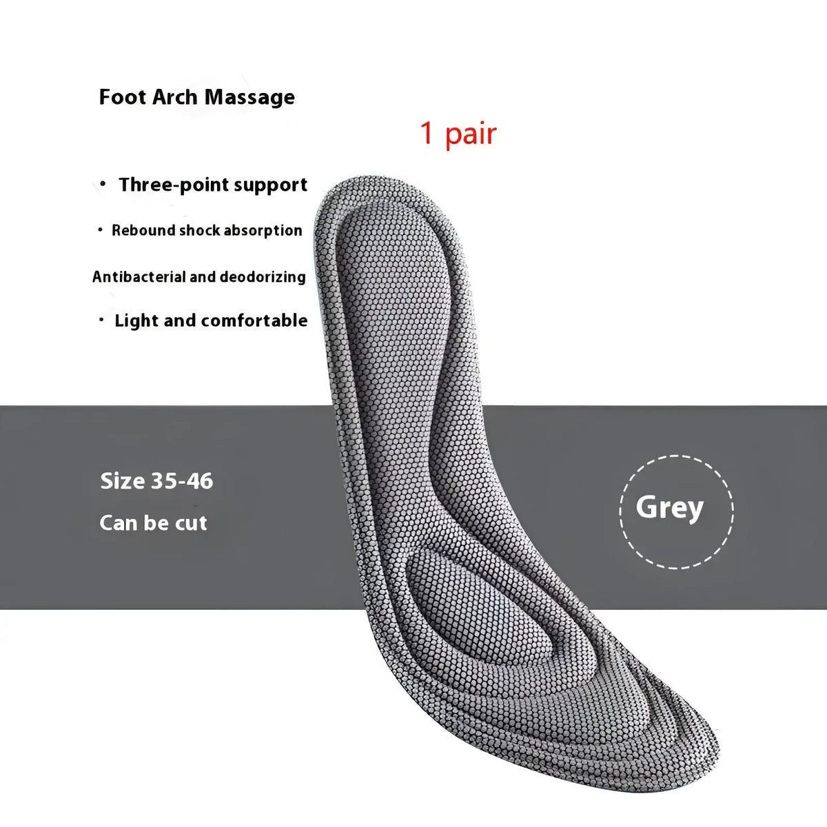 Grey antibacterial massage insole with shock absorbing arch support and textured honeycomb surface design