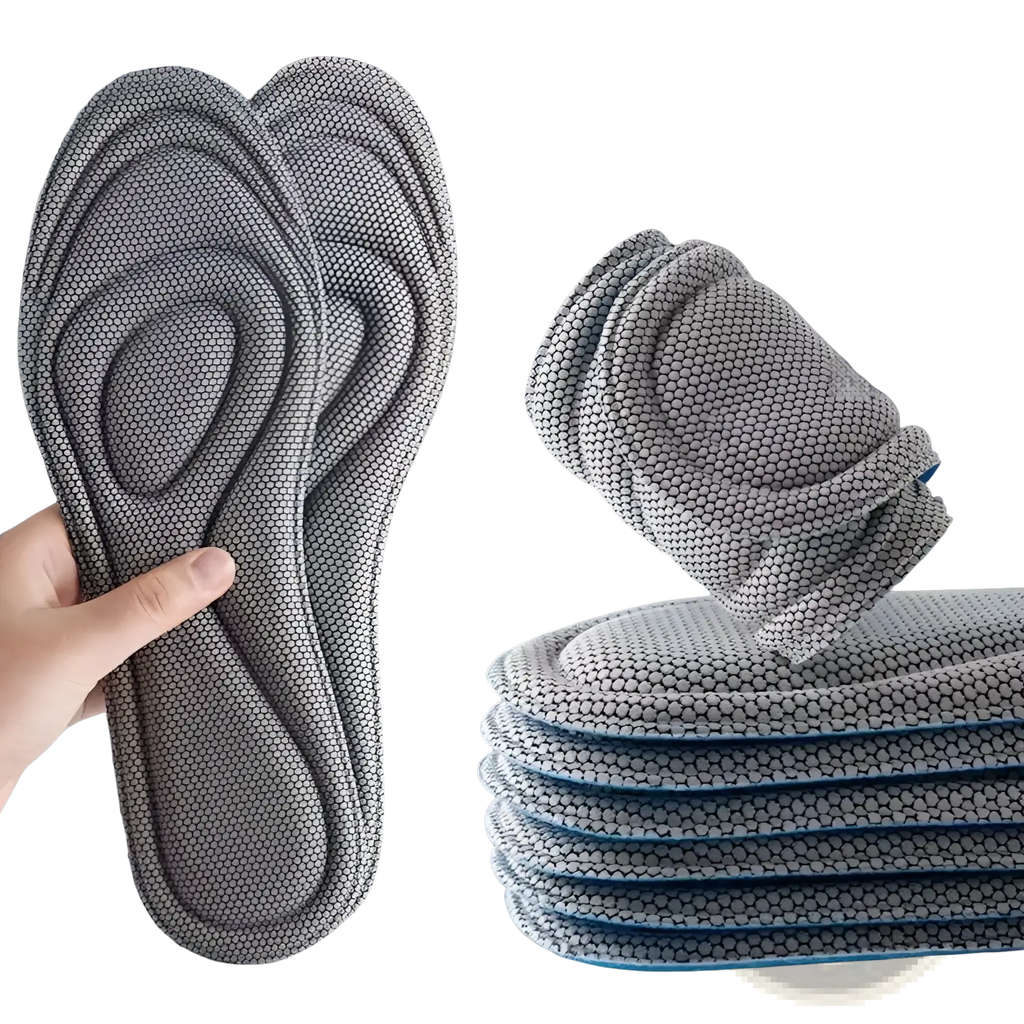 Gray antibacterial massage insoles with honeycomb texture and blue trim providing shock absorbing arch support
