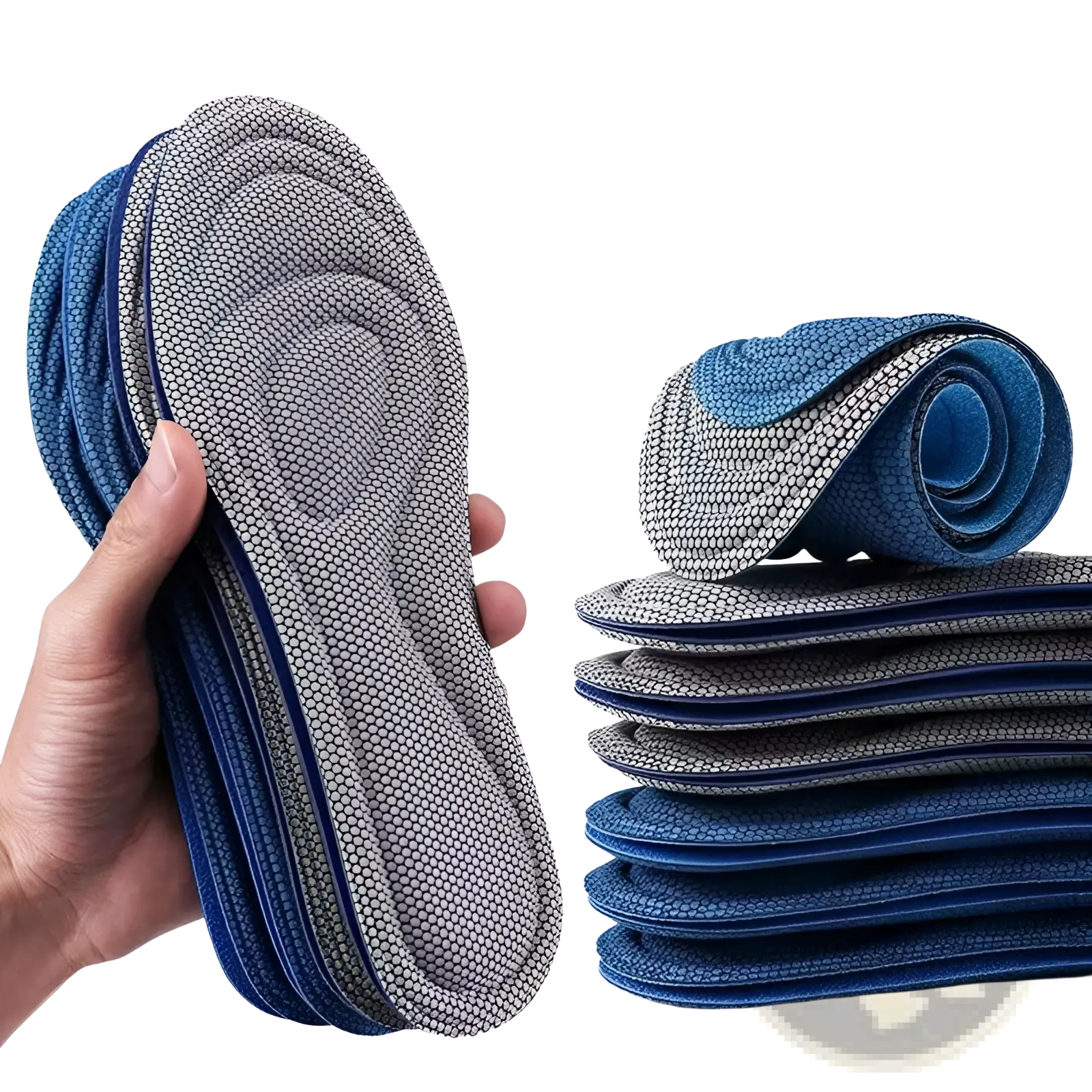 Blue and gray nano antibacterial deodorant insoles with shock absorption and arch support three pairs for massage use