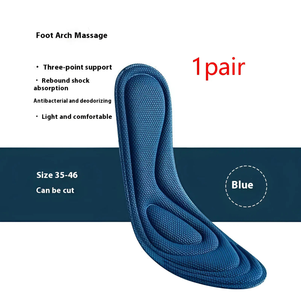 Blue foot antibacterial massage insoles with textured honeycomb surface for shock absorbing arch support