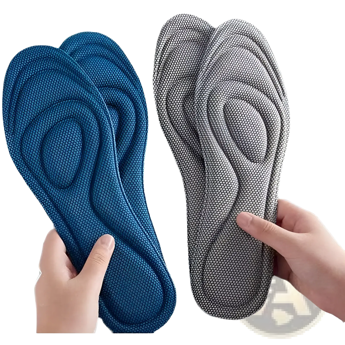 Blue and grey antibacterial massage insoles with contoured gel padding for shock absorbing arch support comfort
