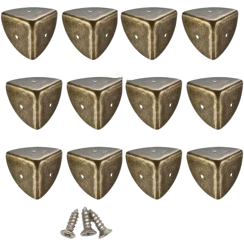 Antique brass corner protector set showing bronze-finished triangular protectors with three pre-drilled holes each