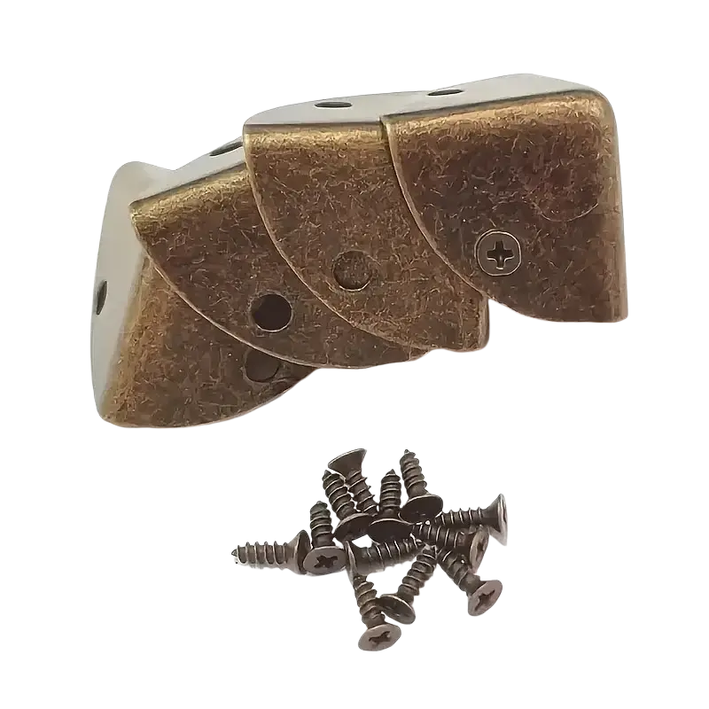 Antique brass corner protector set 24 pieces with brass-finished shelf brackets and matching dark brown screws