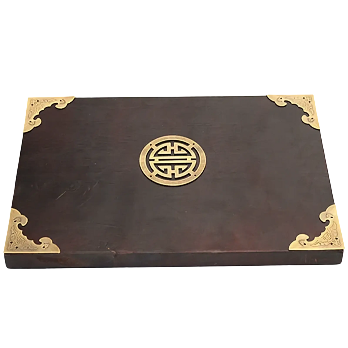 Dark brown wooden box featuring antique brass corner protectors with ornate gold metal corners and a central brass emblem