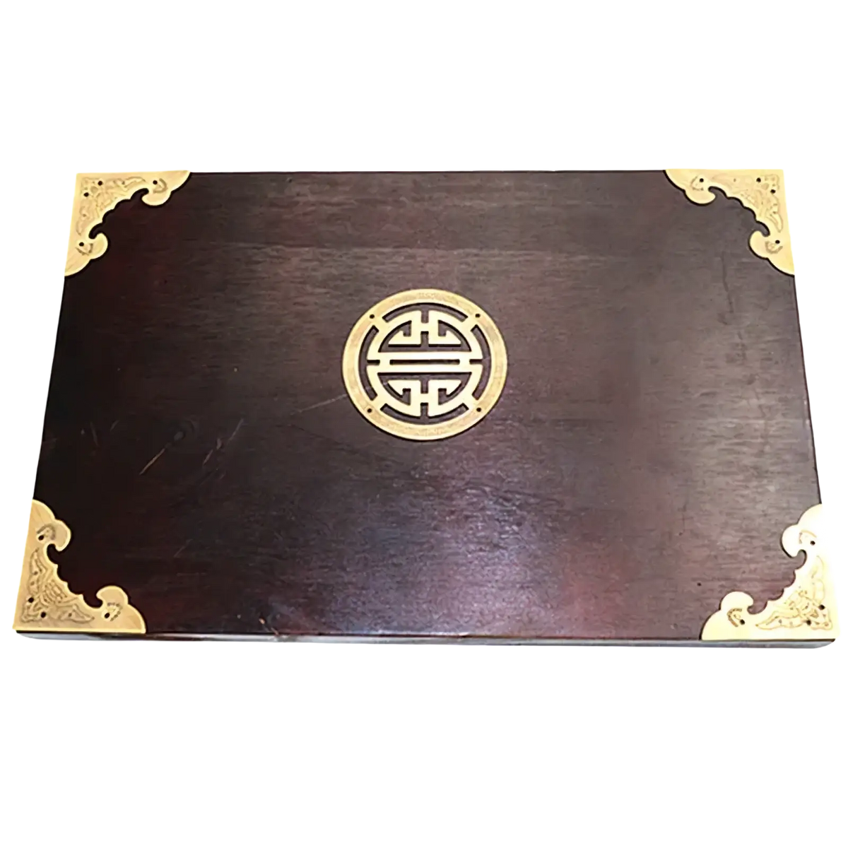 Dark wood rectangular box with antique brass corner protectors and a central intricate traditional chinese inlay design
