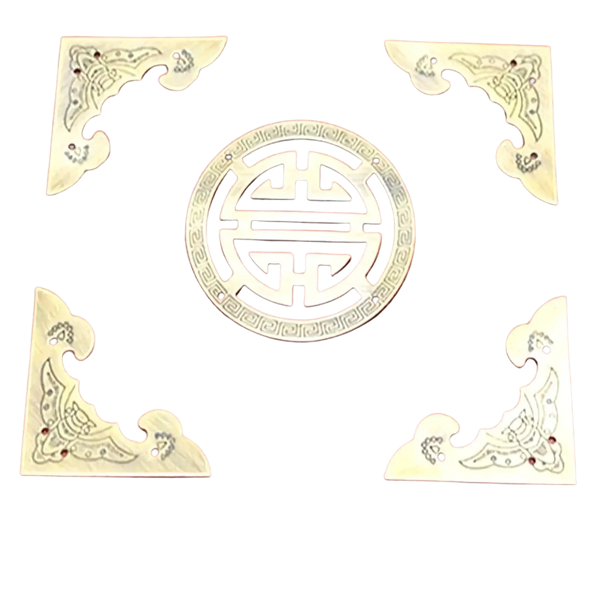 Antique brass corner protectors for wooden boxes with intricate chinese motifs and central shou character design