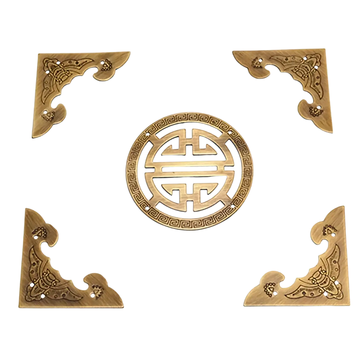 Antique brass corner protectors for wooden boxes featuring golden intricate traditional chinese decorative metal patterns