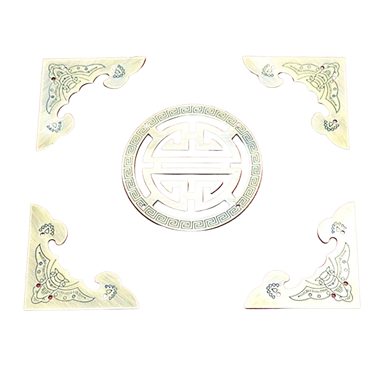 Set of four ornate antique brass corner protectors with intricate cloud floral designs and shou character medallions