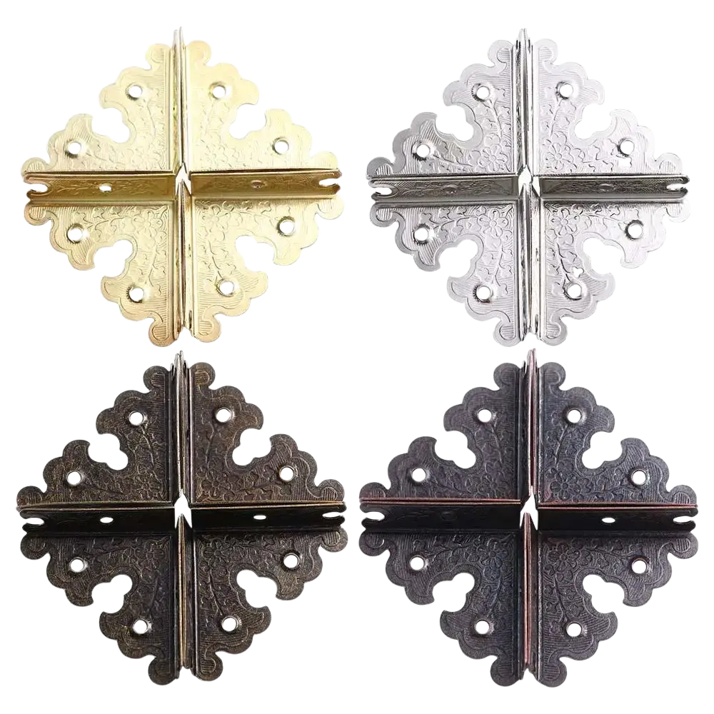 Ornate corner brackets in gold silver and antique bronze finishes with intricate floral embossing for furniture protector